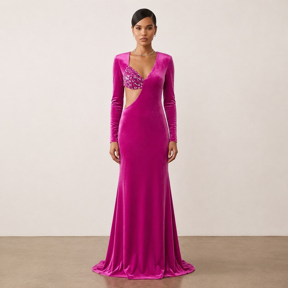 Faeriesty Velvet Sequin Cutout Maxi Dress Magenta Pink Glam Formal Gown Size XL